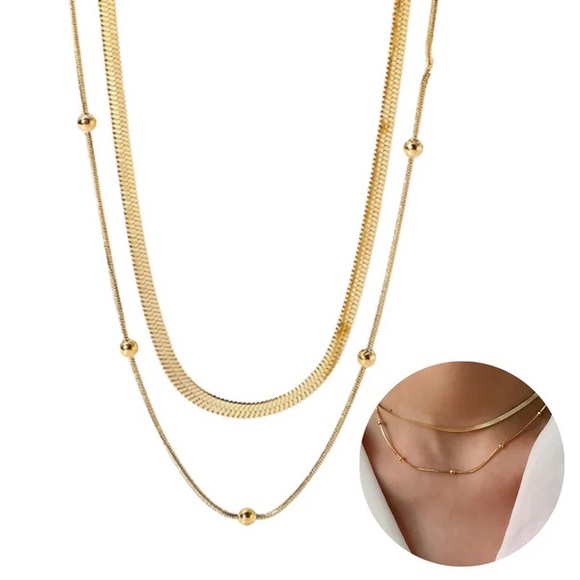 18K Gold Plated Round Beads Snake Chain Stacked Double Layered Necklace - Picture 1 of 9